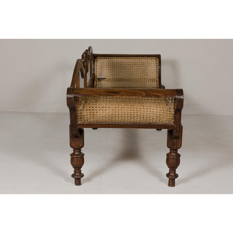 British Colonial Carved and Cane Settee with Swan Neck Back and Scrolling Arms-YN8021-15. Asian & Chinese Furniture, Art, Antiques, Vintage Home Décor for sale at FEA Home