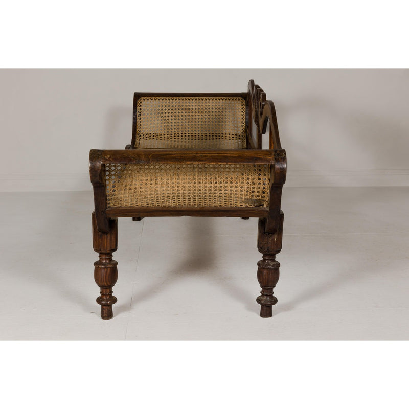 British Colonial Carved and Cane Settee with Swan Neck Back and Scrolling Arms-YN8021-17. Asian & Chinese Furniture, Art, Antiques, Vintage Home Décor for sale at FEA Home