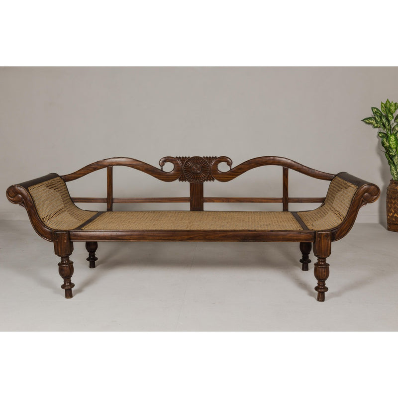 British Colonial Carved and Cane Settee with Swan Neck Back and Scrolling Arms-YN8021-2. Asian & Chinese Furniture, Art, Antiques, Vintage Home Décor for sale at FEA Home