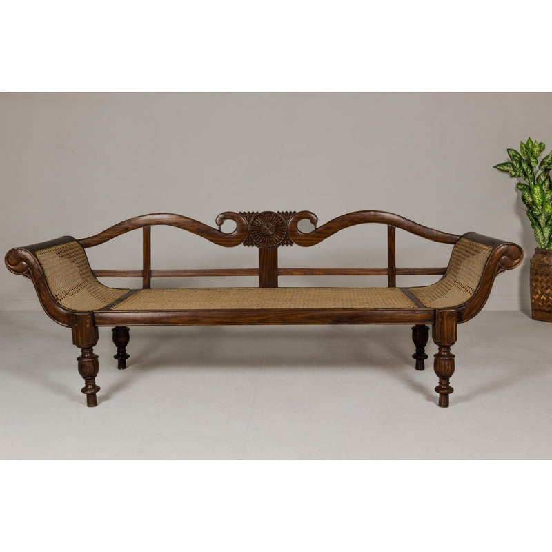 British Colonial Carved and Cane Settee with Swan Neck Back and Scrolling Arms-YN8021-7. Asian & Chinese Furniture, Art, Antiques, Vintage Home Décor for sale at FEA Home
