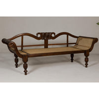 British Colonial Carved and Cane Settee with Swan Neck Back and Scrolling Arms
