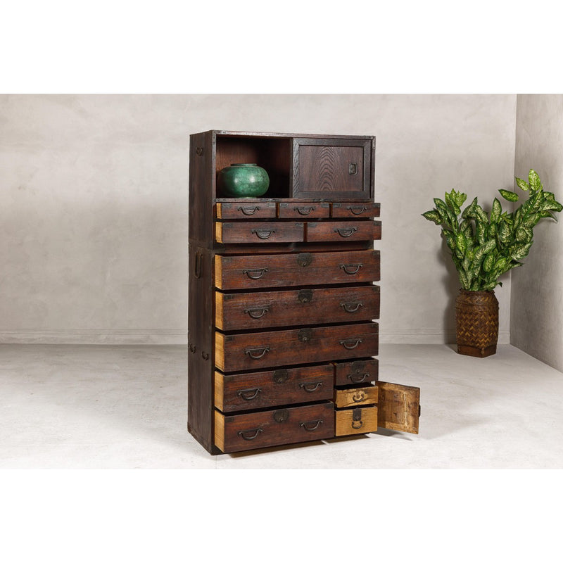Two-Piece Tansu Cabinet with Sliding Doors and Eleven Drawers-YN8028-10. Asian & Chinese Furniture, Art, Antiques, Vintage Home Décor for sale at FEA Home