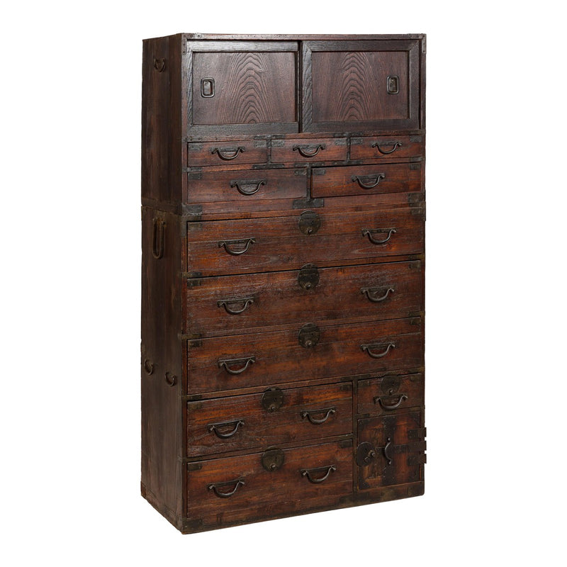 Two-Piece Tansu Cabinet with Sliding Doors and Eleven Drawers-YN8028-14. Asian & Chinese Furniture, Art, Antiques, Vintage Home Décor for sale at FEA Home