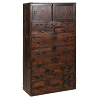 Two-Piece Tansu Cabinet with Sliding Doors and Eleven Drawers