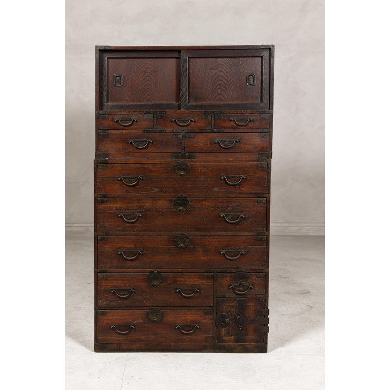 Two-Piece Tansu Cabinet with Sliding Doors and Eleven Drawers-YN8028-2. Asian & Chinese Furniture, Art, Antiques, Vintage Home Décor for sale at FEA Home