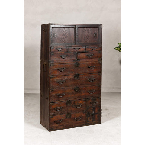 Two-Piece Tansu Cabinet with Sliding Doors and Eleven Drawers-YN8028-3. Asian & Chinese Furniture, Art, Antiques, Vintage Home Décor for sale at FEA Home