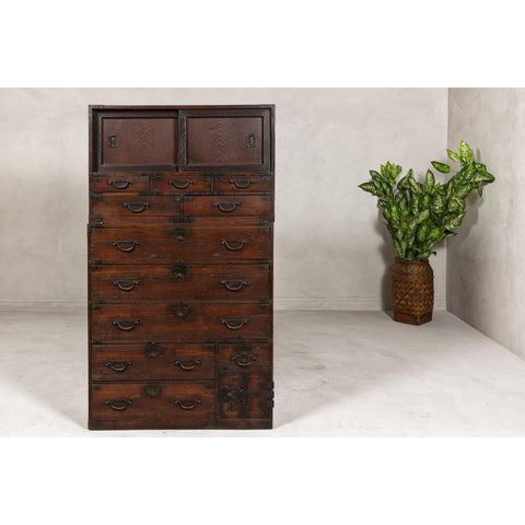 Two-Piece Tansu Cabinet with Sliding Doors and Eleven Drawers-YN8028-7. Asian & Chinese Furniture, Art, Antiques, Vintage Home Décor for sale at FEA Home