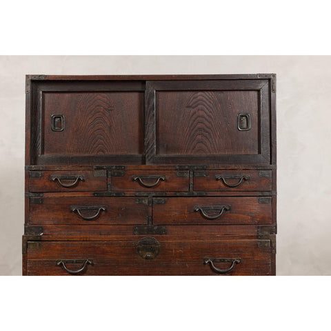 Two-Piece Tansu Cabinet with Sliding Doors and Eleven Drawers-YN8028-8. Asian & Chinese Furniture, Art, Antiques, Vintage Home Décor for sale at FEA Home