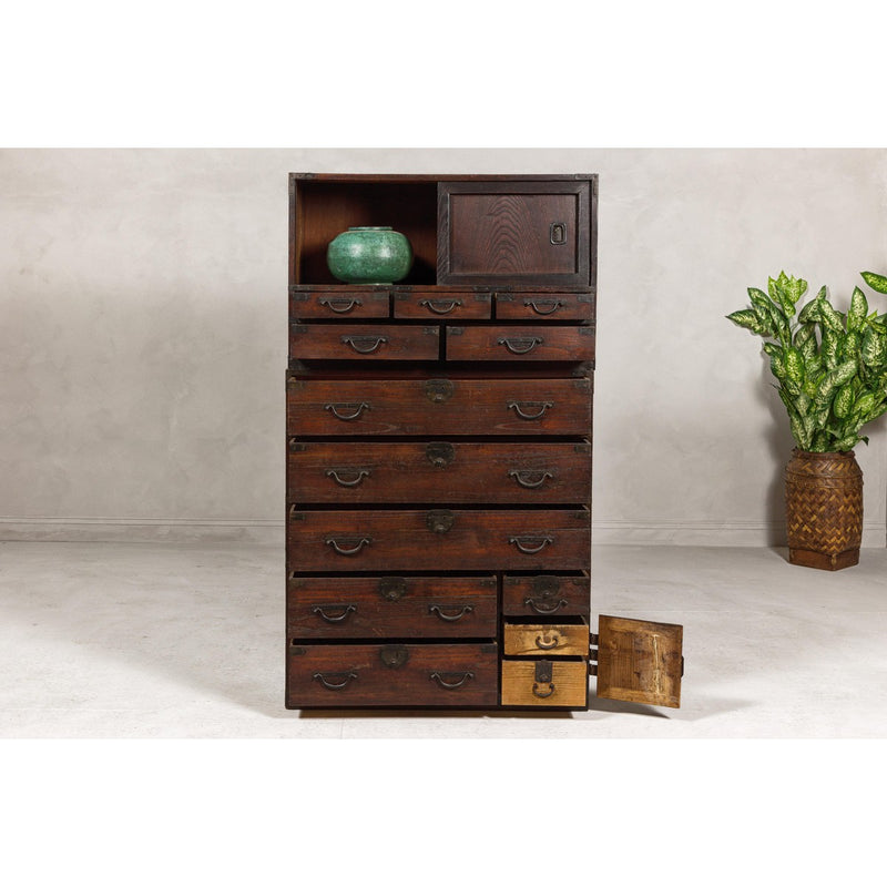 Two-Piece Tansu Cabinet with Sliding Doors and Eleven Drawers-YN8028-9. Asian & Chinese Furniture, Art, Antiques, Vintage Home Décor for sale at FEA Home