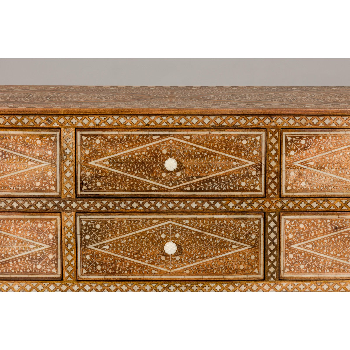 Anglo-Indian Style Mango Wood Dresser with Eight Drawers and Floral Bone Inlay-10. Asian & Chinese Furniture, Art, Antiques, Vintage Home Décor for sale at FEA Home
