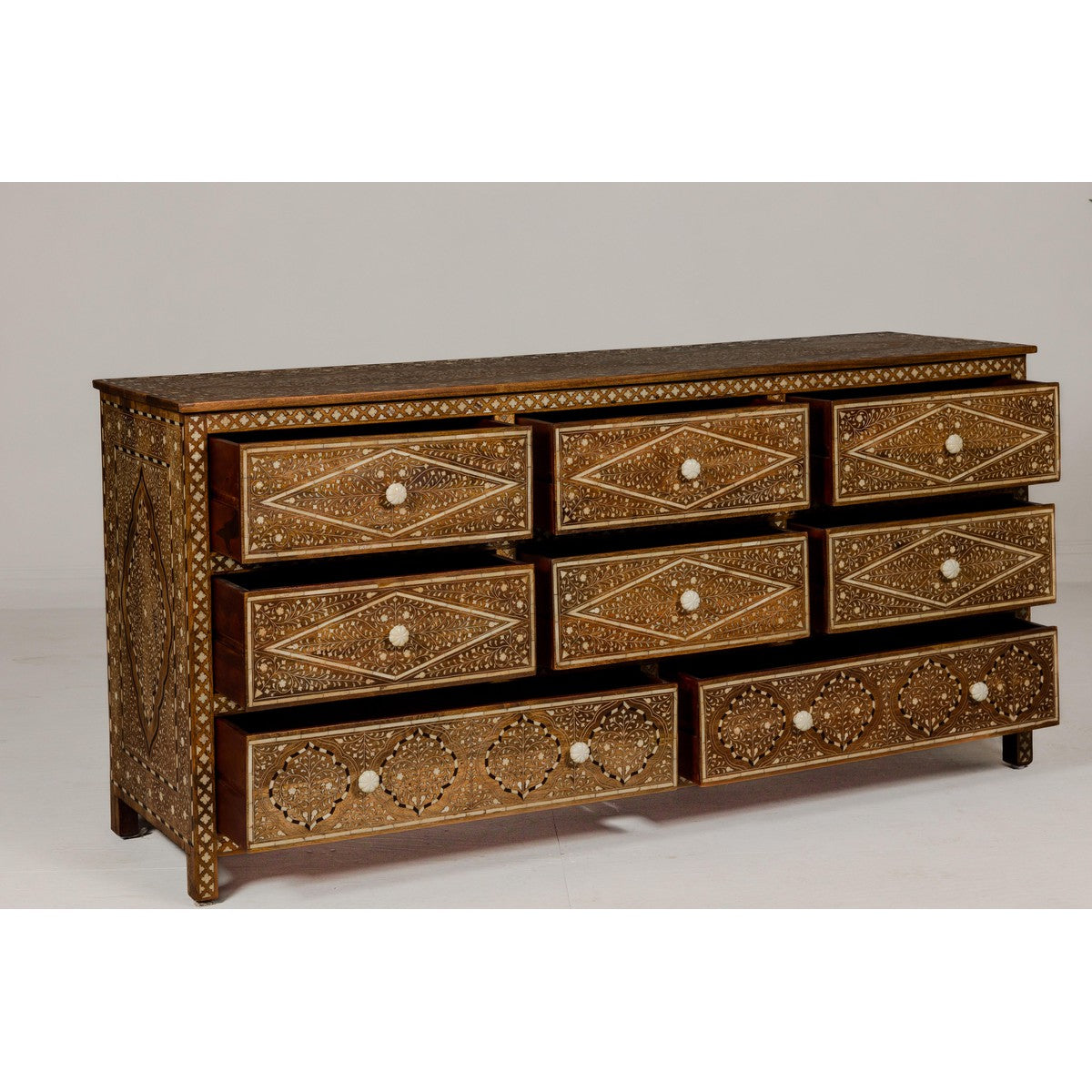 Anglo-Indian Style Mango Wood Dresser with Eight Drawers and Floral Bone Inlay-11. Asian & Chinese Furniture, Art, Antiques, Vintage Home Décor for sale at FEA Home