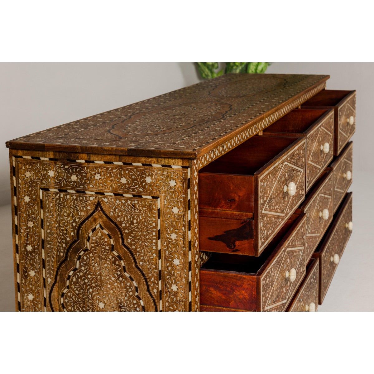 Anglo-Indian Style Mango Wood Dresser with Eight Drawers and Floral Bone Inlay-12. Asian & Chinese Furniture, Art, Antiques, Vintage Home Décor for sale at FEA Home