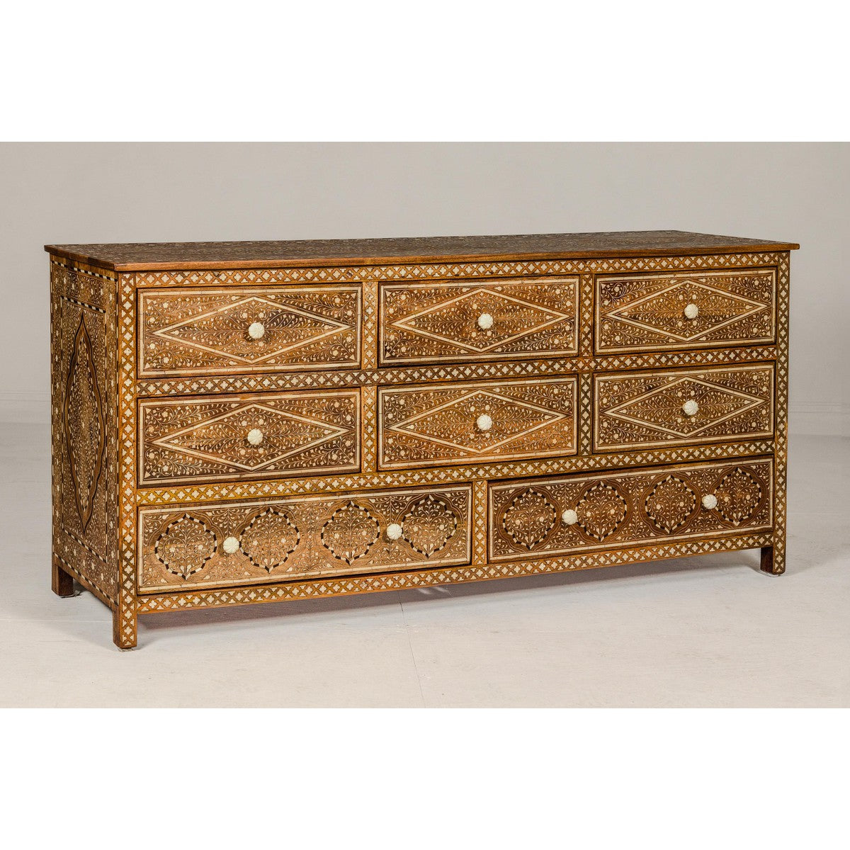 Anglo-Indian Style Mango Wood Dresser with Eight Drawers and Floral Bone Inlay-13. Asian & Chinese Furniture, Art, Antiques, Vintage Home Décor for sale at FEA Home
