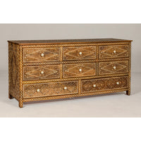 Anglo-Indian Style Mango Wood Dresser with Eight Drawers and Floral Bone Inlay