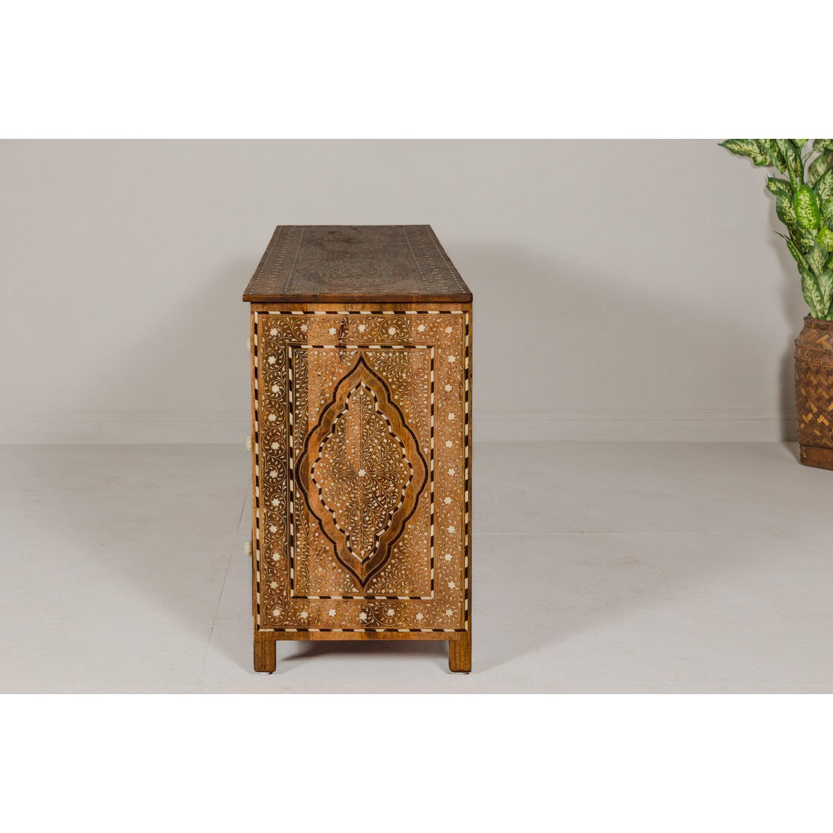 Anglo-Indian Style Mango Wood Dresser with Eight Drawers and Floral Bone Inlay-18. Asian & Chinese Furniture, Art, Antiques, Vintage Home Décor for sale at FEA Home