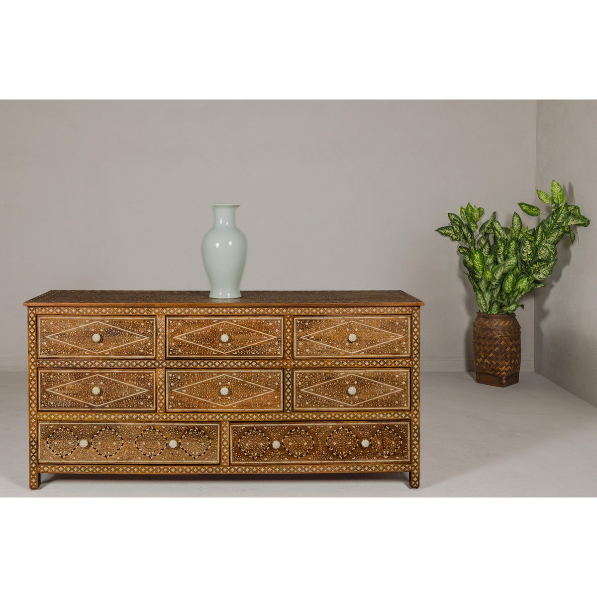 Anglo-Indian Style Mango Wood Dresser with Eight Drawers and Floral Bone Inlay-2. Asian & Chinese Furniture, Art, Antiques, Vintage Home Décor for sale at FEA Home