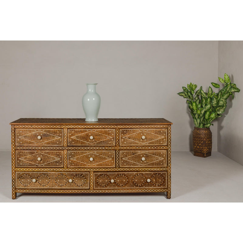 Anglo-Indian Style Mango Wood Dresser with Eight Drawers and Floral Bone Inlay-YN8033-2. Asian & Chinese Furniture, Art, Antiques, Vintage Home Décor for sale at FEA Home