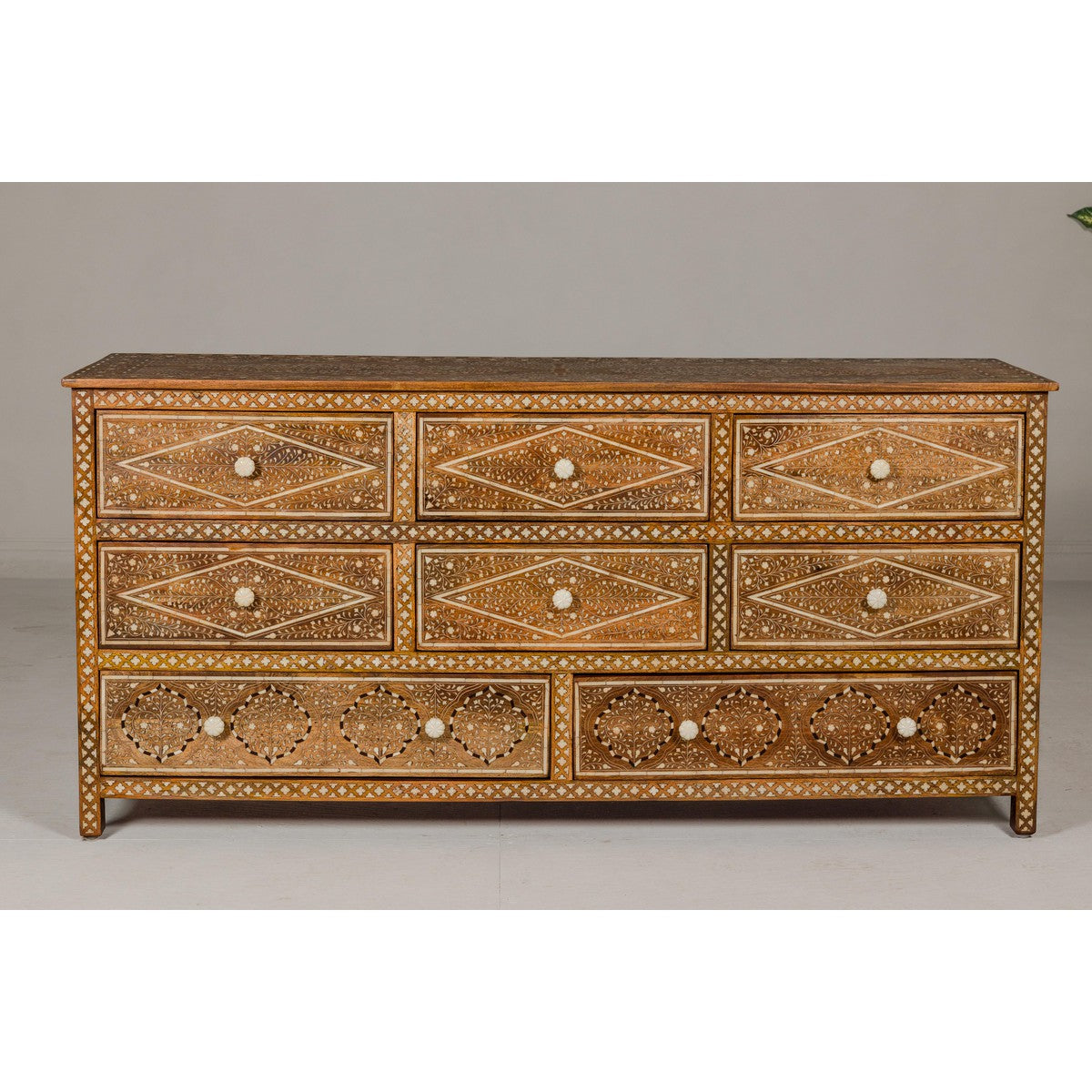 Anglo-Indian Style Mango Wood Dresser with Eight Drawers and Floral Bone Inlay-3. Asian & Chinese Furniture, Art, Antiques, Vintage Home Décor for sale at FEA Home