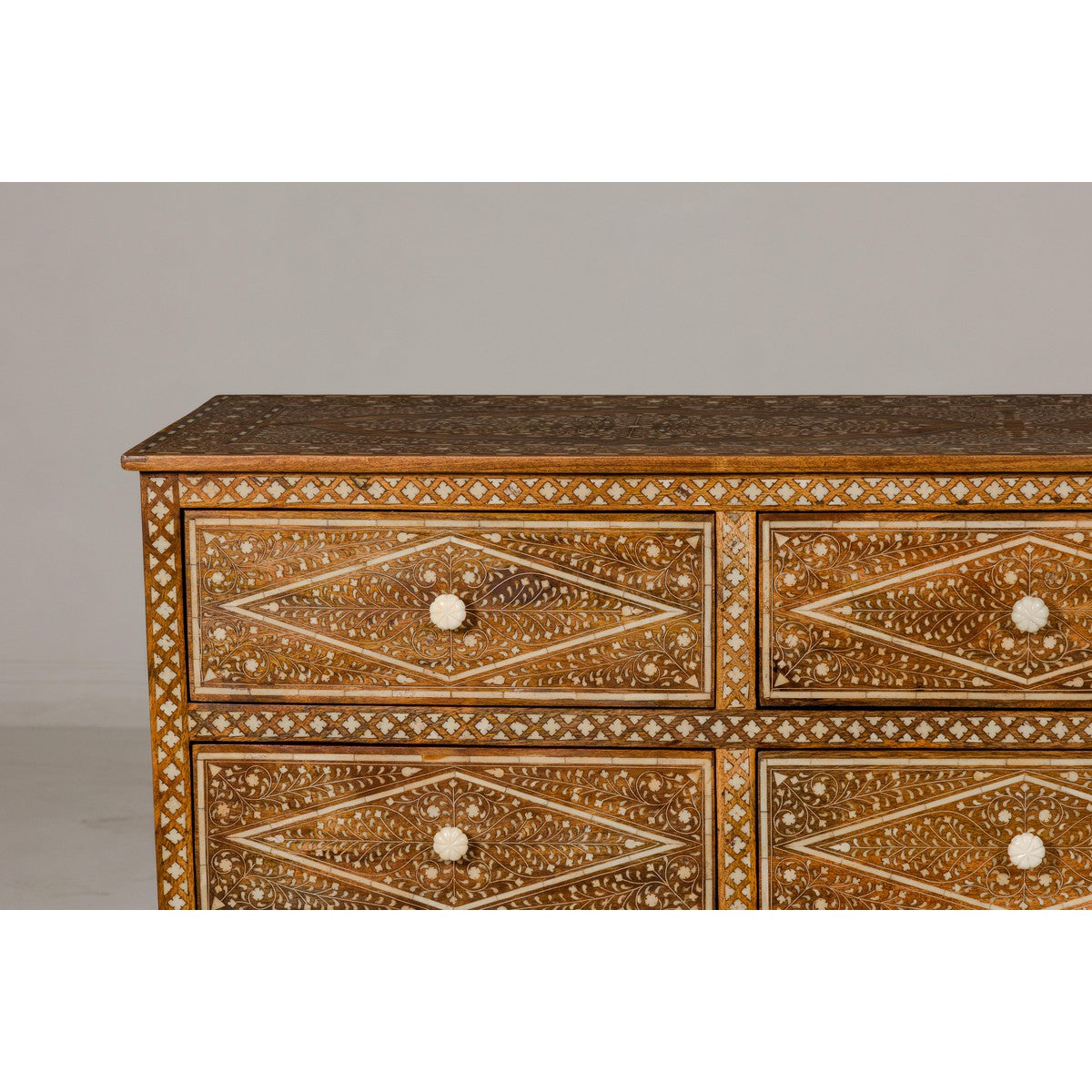 Anglo-Indian Style Mango Wood Dresser with Eight Drawers and Floral Bone Inlay-4. Asian & Chinese Furniture, Art, Antiques, Vintage Home Décor for sale at FEA Home