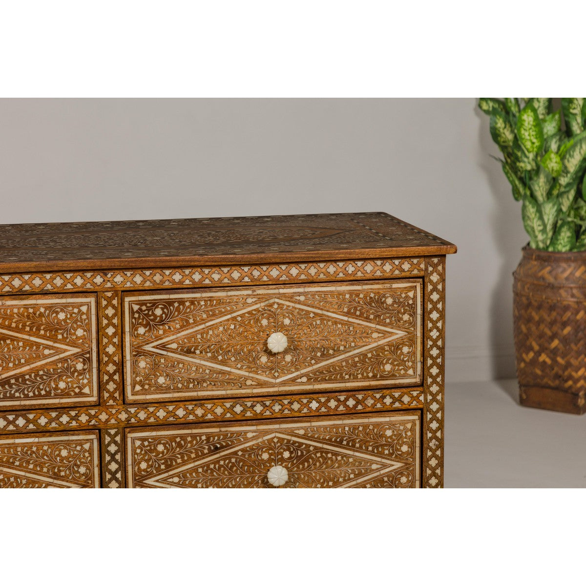 Anglo-Indian Style Mango Wood Dresser with Eight Drawers and Floral Bone Inlay-5. Asian & Chinese Furniture, Art, Antiques, Vintage Home Décor for sale at FEA Home