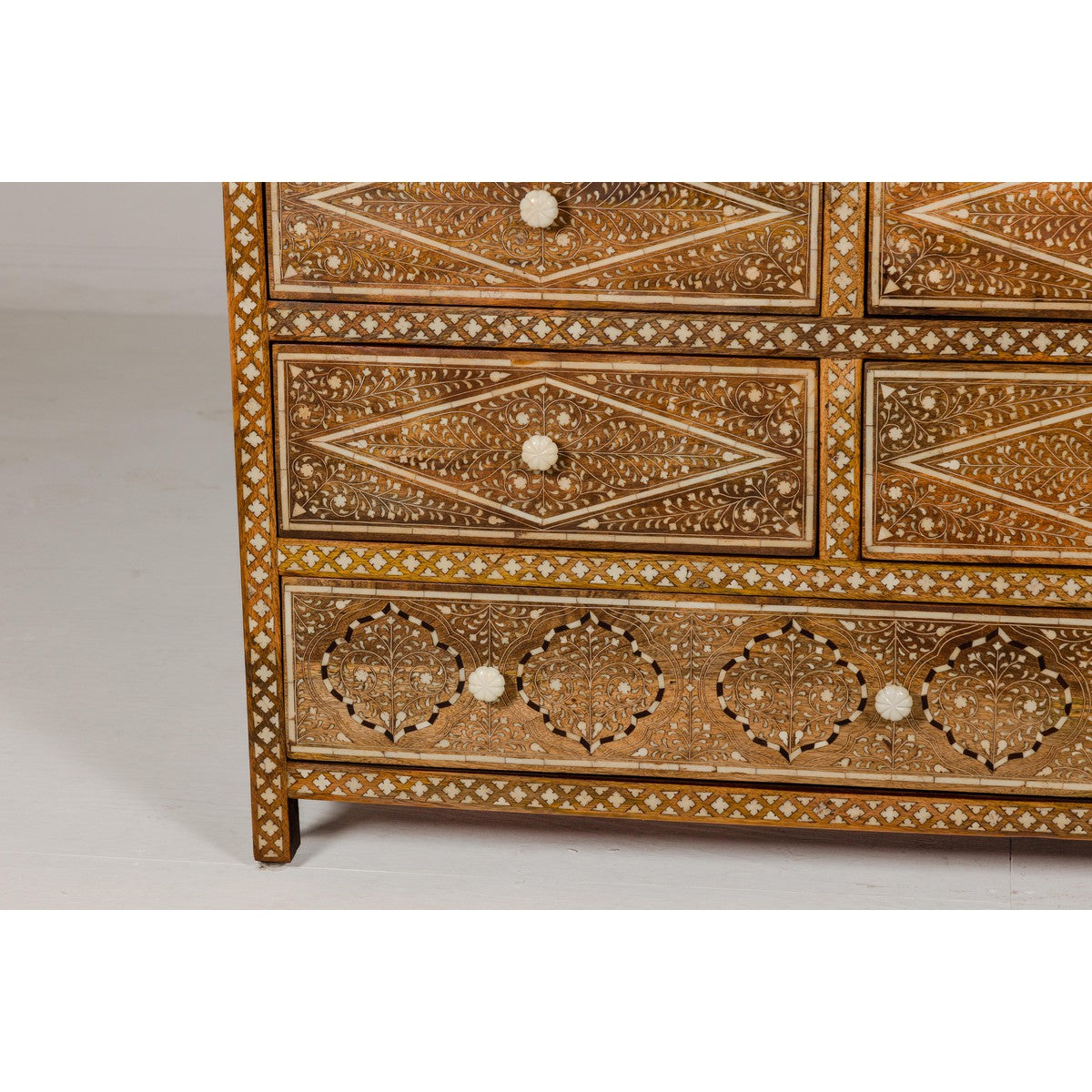Anglo-Indian Style Mango Wood Dresser with Eight Drawers and Floral Bone Inlay-6. Asian & Chinese Furniture, Art, Antiques, Vintage Home Décor for sale at FEA Home