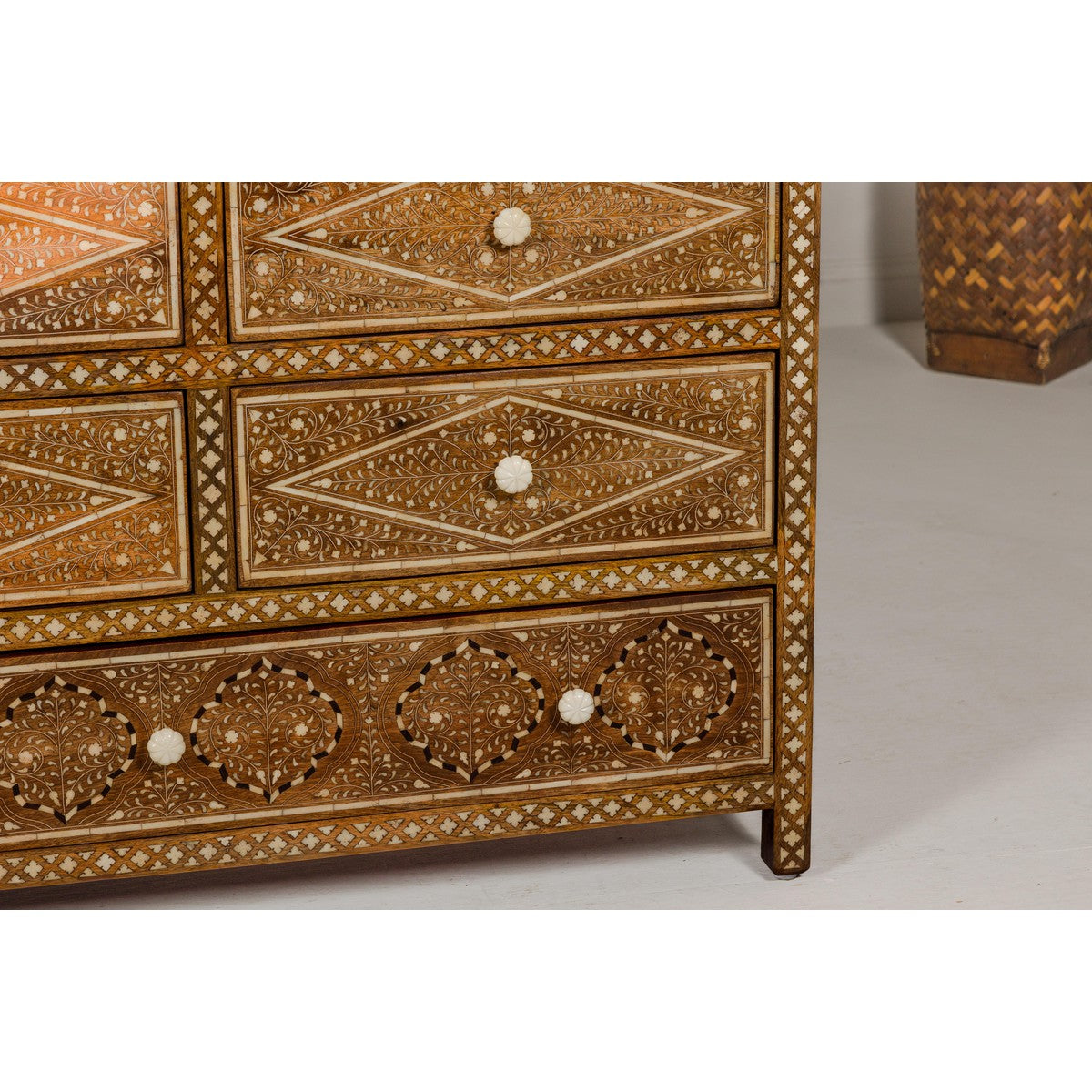 Anglo-Indian Style Mango Wood Dresser with Eight Drawers and Floral Bone Inlay-7. Asian & Chinese Furniture, Art, Antiques, Vintage Home Décor for sale at FEA Home