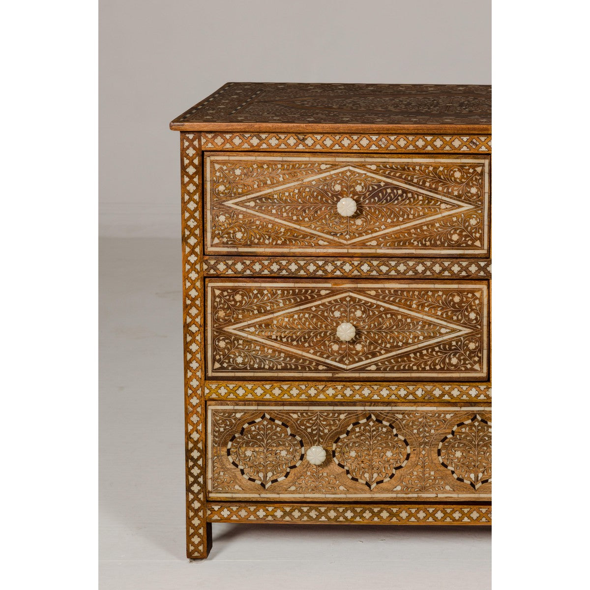 Anglo-Indian Style Mango Wood Dresser with Eight Drawers and Floral Bone Inlay-8. Asian & Chinese Furniture, Art, Antiques, Vintage Home Décor for sale at FEA Home