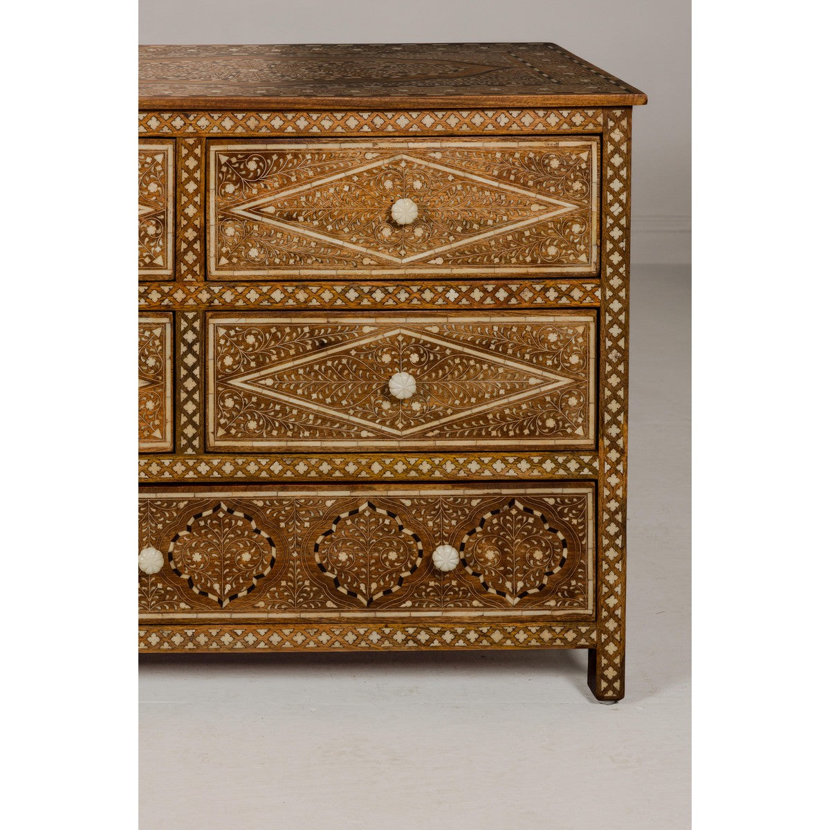 Anglo-Indian Style Mango Wood Dresser with Eight Drawers and Floral Bone Inlay-9. Asian & Chinese Furniture, Art, Antiques, Vintage Home Décor for sale at FEA Home