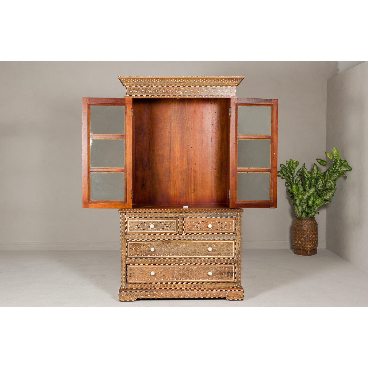 Anglo Style Buffet à Deux-Corps with Abundant Floral Themed Bone Inlay-11. Asian & Chinese Furniture, Art, Antiques, Vintage Home Décor for sale at FEA Home