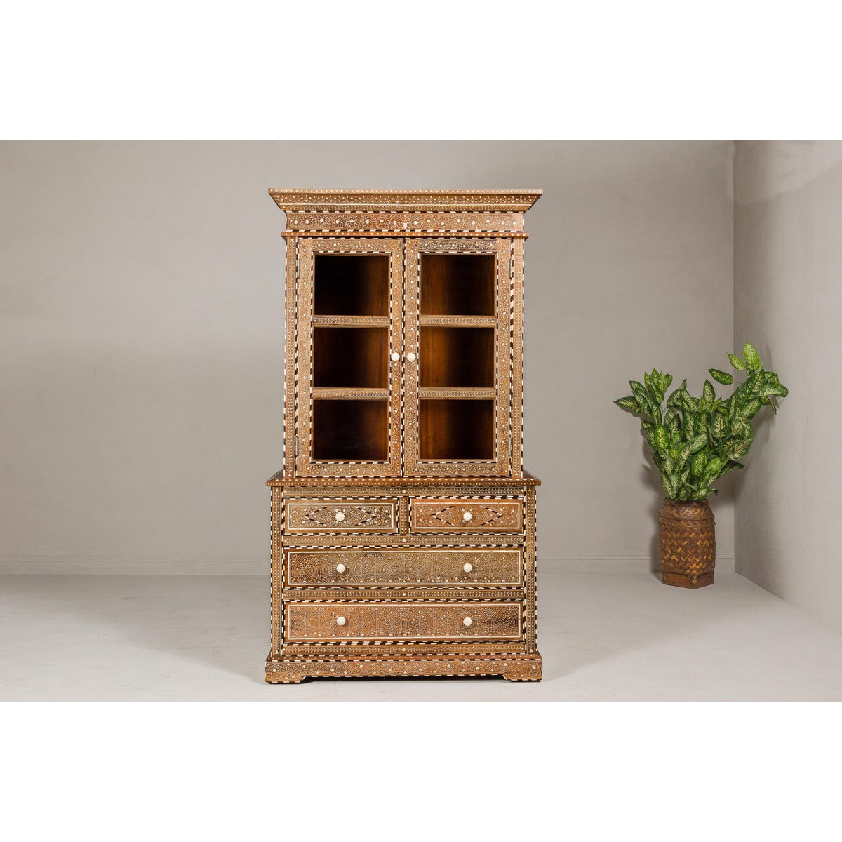 Anglo Style Buffet à Deux-Corps with Abundant Floral Themed Bone Inlay-2. Asian & Chinese Furniture, Art, Antiques, Vintage Home Décor for sale at FEA Home