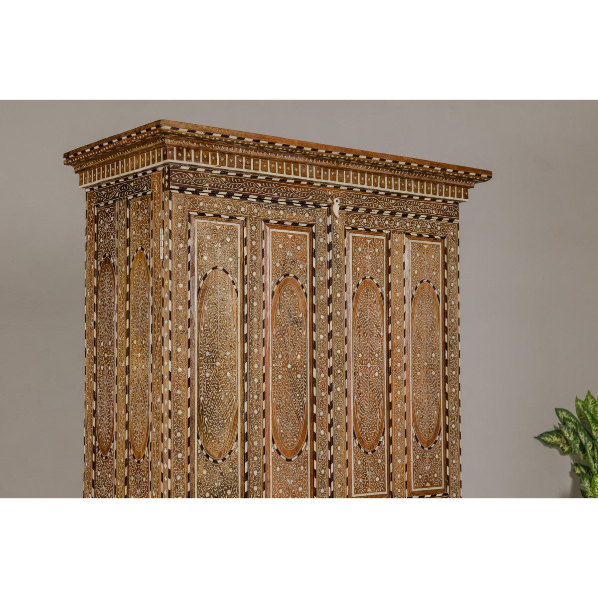 Anglo Indian Style Mango Wood Tall Cabinet with Floral Themed Bone Inlaid Décor-10. Asian & Chinese Furniture, Art, Antiques, Vintage Home Décor for sale at FEA Home