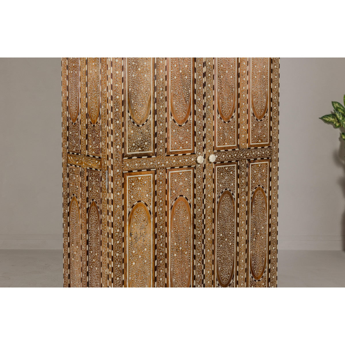 Anglo Indian Style Mango Wood Tall Cabinet with Floral Themed Bone Inlaid Décor-11. Asian & Chinese Furniture, Art, Antiques, Vintage Home Décor for sale at FEA Home