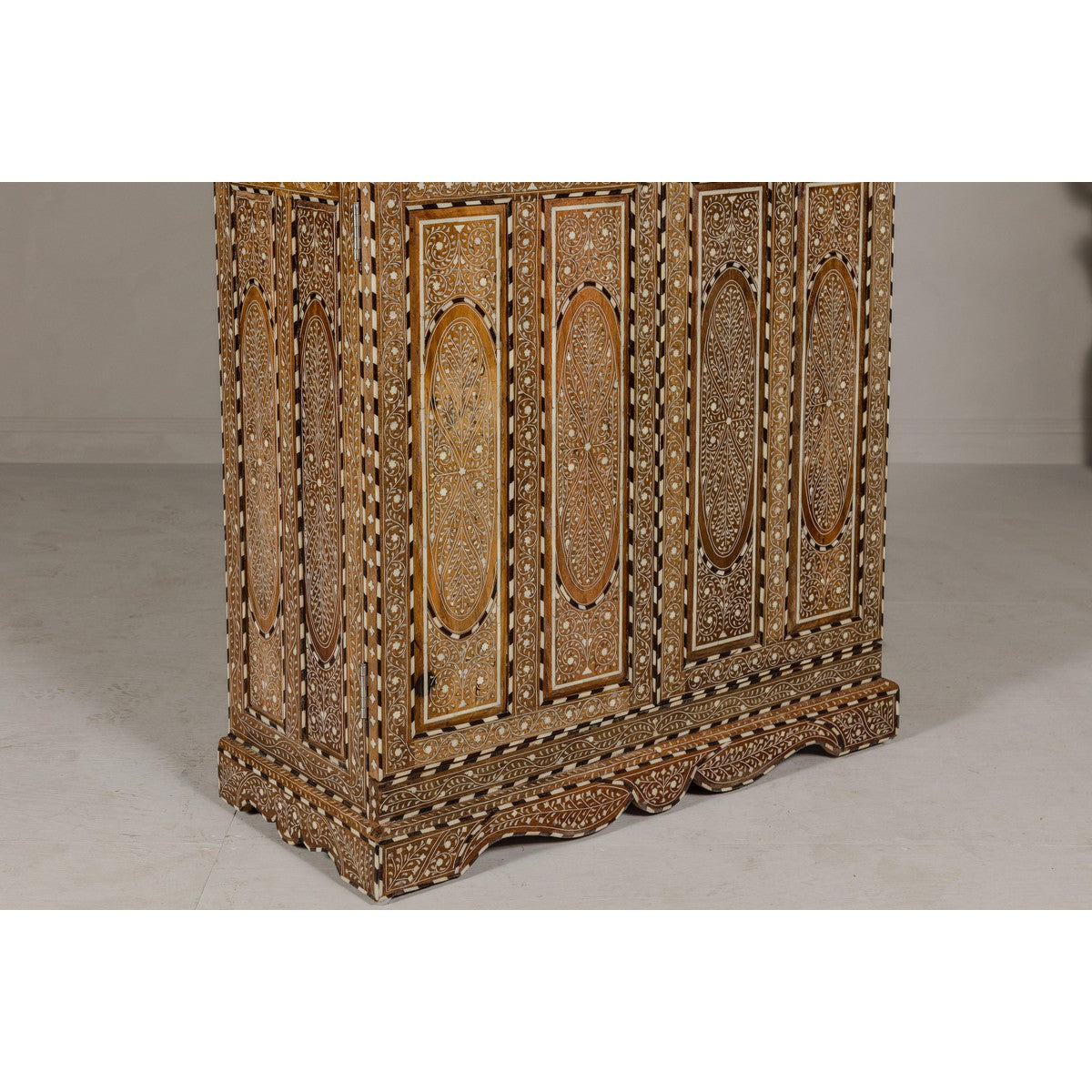 Anglo Indian Style Mango Wood Tall Cabinet with Floral Themed Bone Inlaid Décor-12. Asian & Chinese Furniture, Art, Antiques, Vintage Home Décor for sale at FEA Home