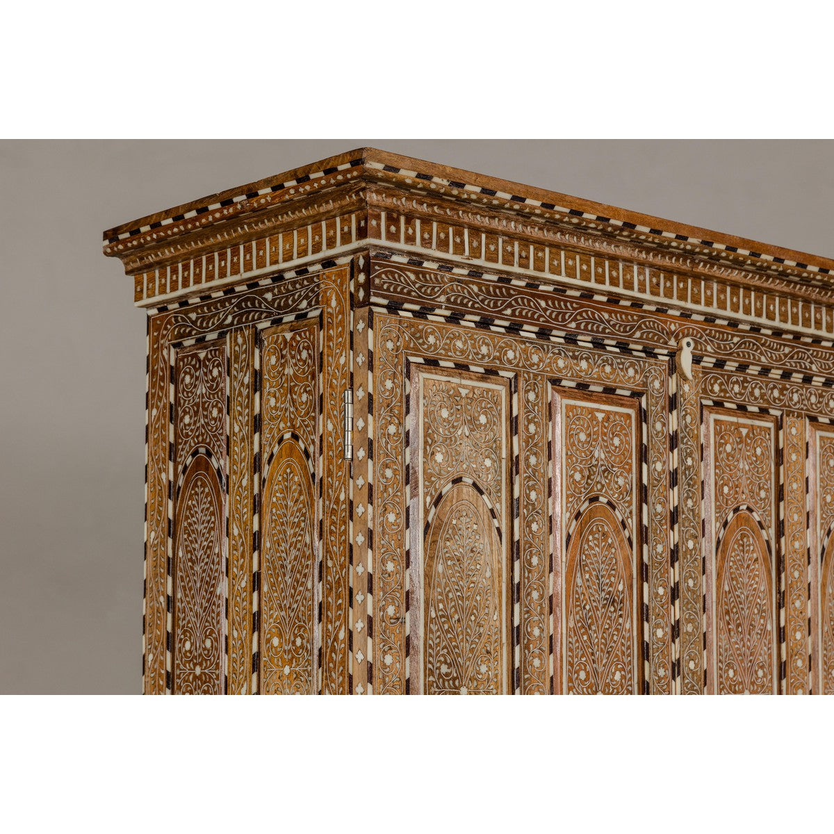 Anglo Indian Style Mango Wood Tall Cabinet with Floral Themed Bone Inlaid Décor-13. Asian & Chinese Furniture, Art, Antiques, Vintage Home Décor for sale at FEA Home