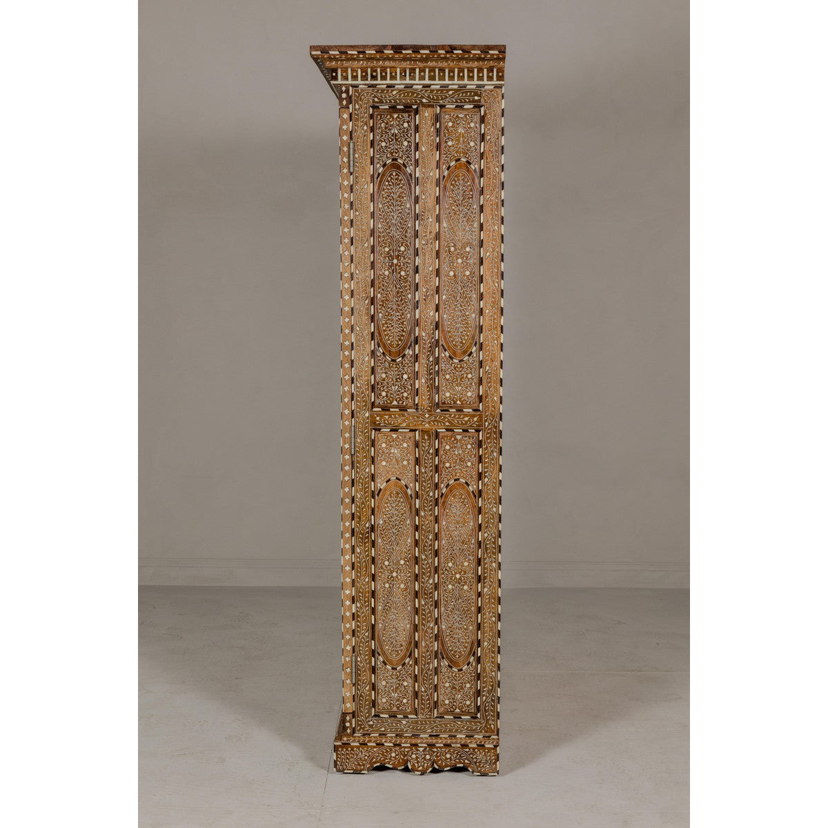 Anglo Indian Style Mango Wood Tall Cabinet with Floral Themed Bone Inlaid Décor-19. Asian & Chinese Furniture, Art, Antiques, Vintage Home Décor for sale at FEA Home