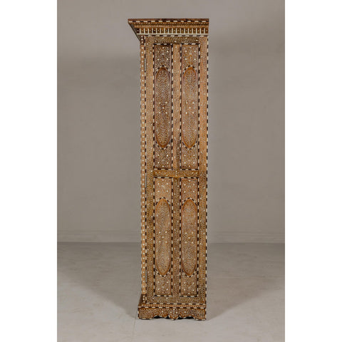 Anglo Indian Style Mango Woo Tall Cabinet with Floral Themed Bone Inlaid Décor-YN8036-19. Asian & Chinese Furniture, Art, Antiques, Vintage Home Décor for sale at FEA Home