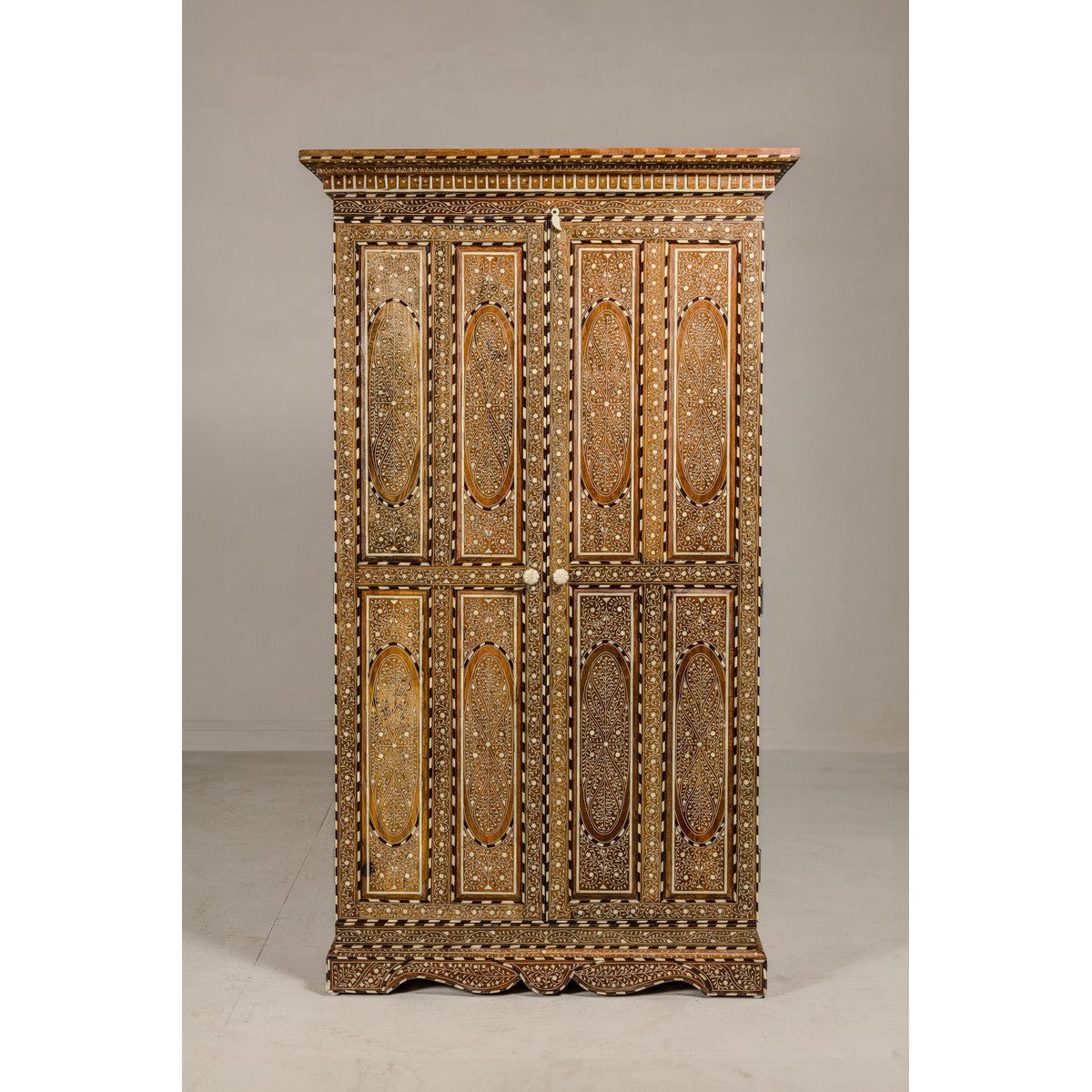 Anglo Indian Style Mango Wood Tall Cabinet with Floral Themed Bone Inlaid Décor-2. Asian & Chinese Furniture, Art, Antiques, Vintage Home Décor for sale at FEA Home