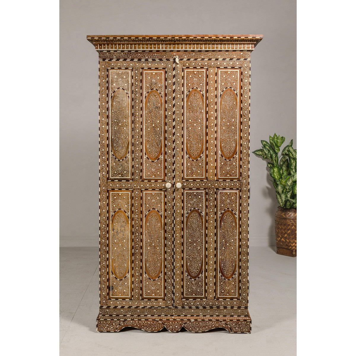 Anglo Indian Style Mango Wood Tall Cabinet with Floral Themed Bone Inlaid Décor-3. Asian & Chinese Furniture, Art, Antiques, Vintage Home Décor for sale at FEA Home