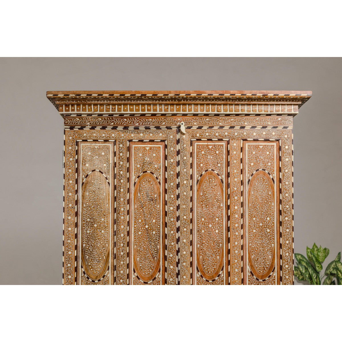 Anglo Indian Style Mango Wood Tall Cabinet with Floral Themed Bone Inlaid Décor-4. Asian & Chinese Furniture, Art, Antiques, Vintage Home Décor for sale at FEA Home