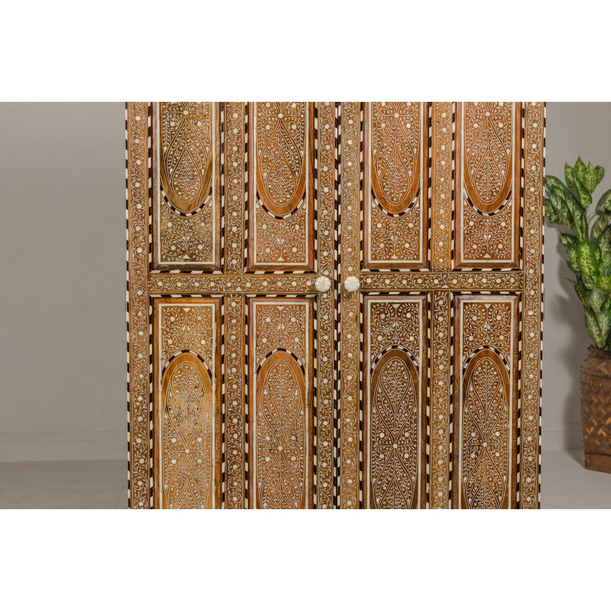 Anglo Indian Style Mango Wood Tall Cabinet with Floral Themed Bone Inlaid Décor-5. Asian & Chinese Furniture, Art, Antiques, Vintage Home Décor for sale at FEA Home