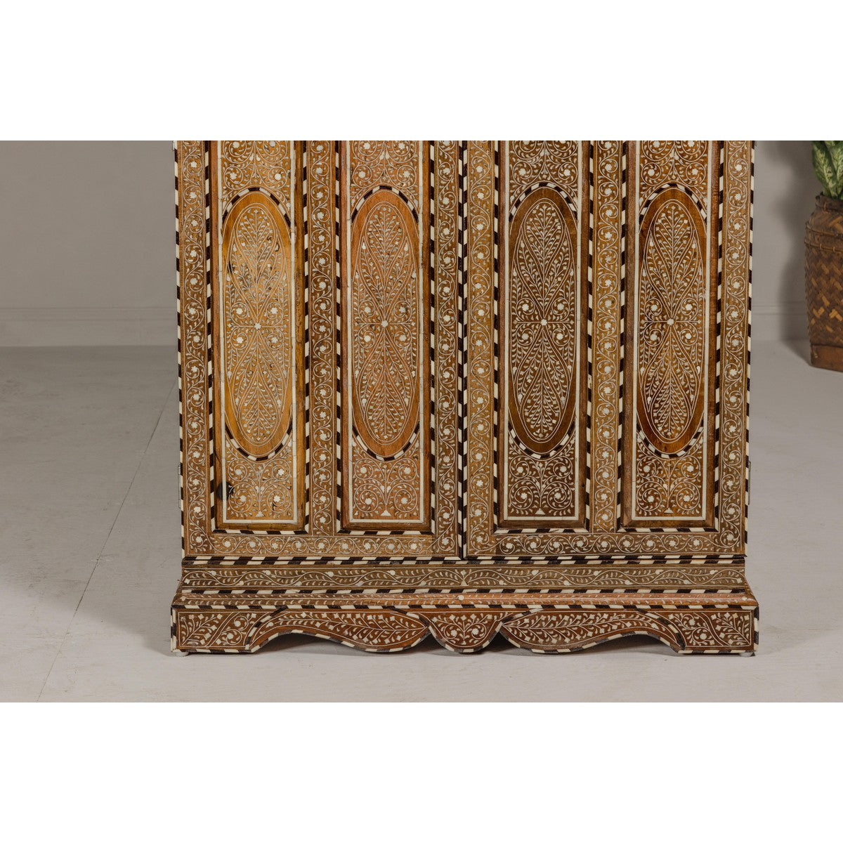 Anglo Indian Style Mango Wood Tall Cabinet with Floral Themed Bone Inlaid Décor-6. Asian & Chinese Furniture, Art, Antiques, Vintage Home Décor for sale at FEA Home