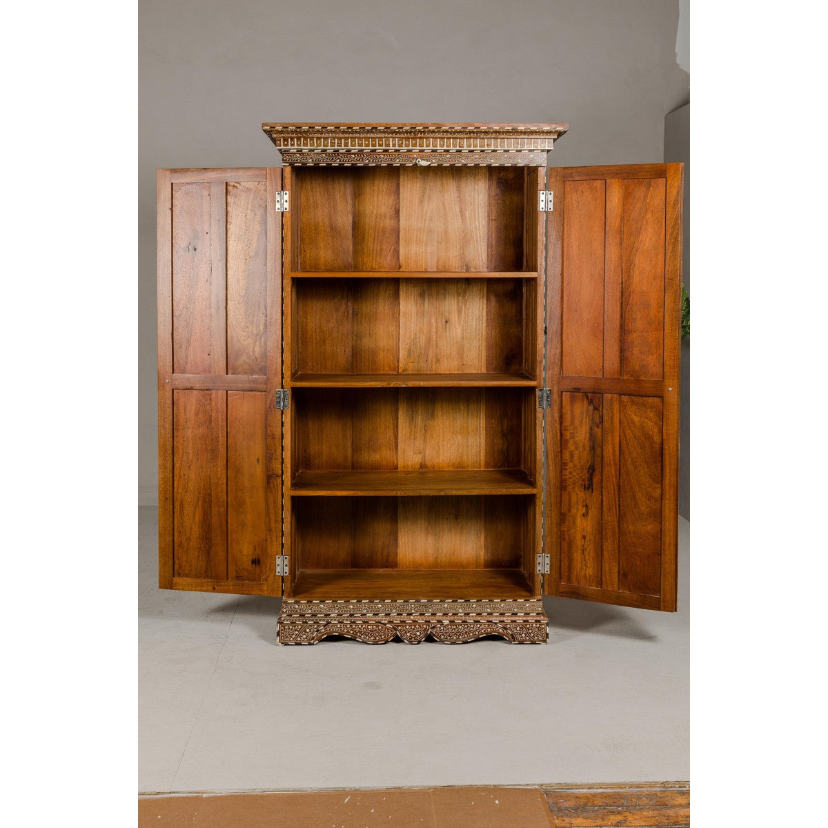 Anglo Indian Style Mango Wood Tall Cabinet with Floral Themed Bone Inlaid Décor-8. Asian & Chinese Furniture, Art, Antiques, Vintage Home Décor for sale at FEA Home