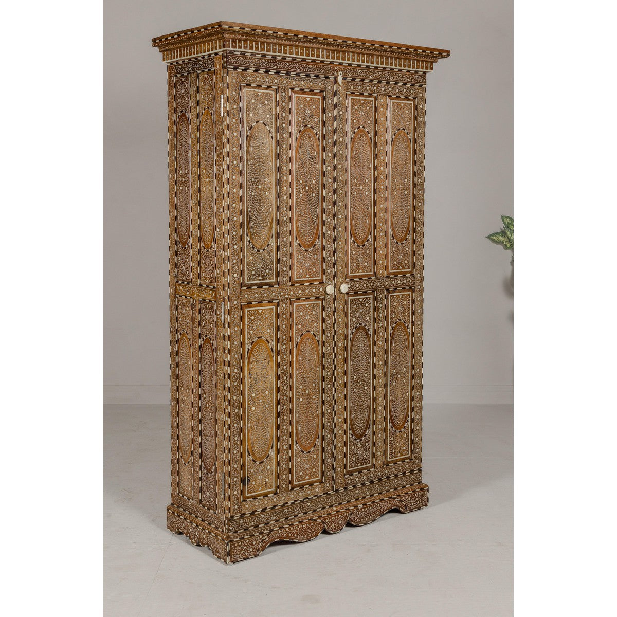 Anglo Indian Style Mango Wood Tall Cabinet with Floral Themed Bone Inlaid Décor-9. Asian & Chinese Furniture, Art, Antiques, Vintage Home Décor for sale at FEA Home