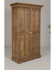 Anglo Indian Style Mango Wood Tall Cabinet with Floral Themed Bone Inlaid Décor-9. Asian & Chinese Furniture, Art, Antiques, Vintage Home Décor for sale at FEA Home