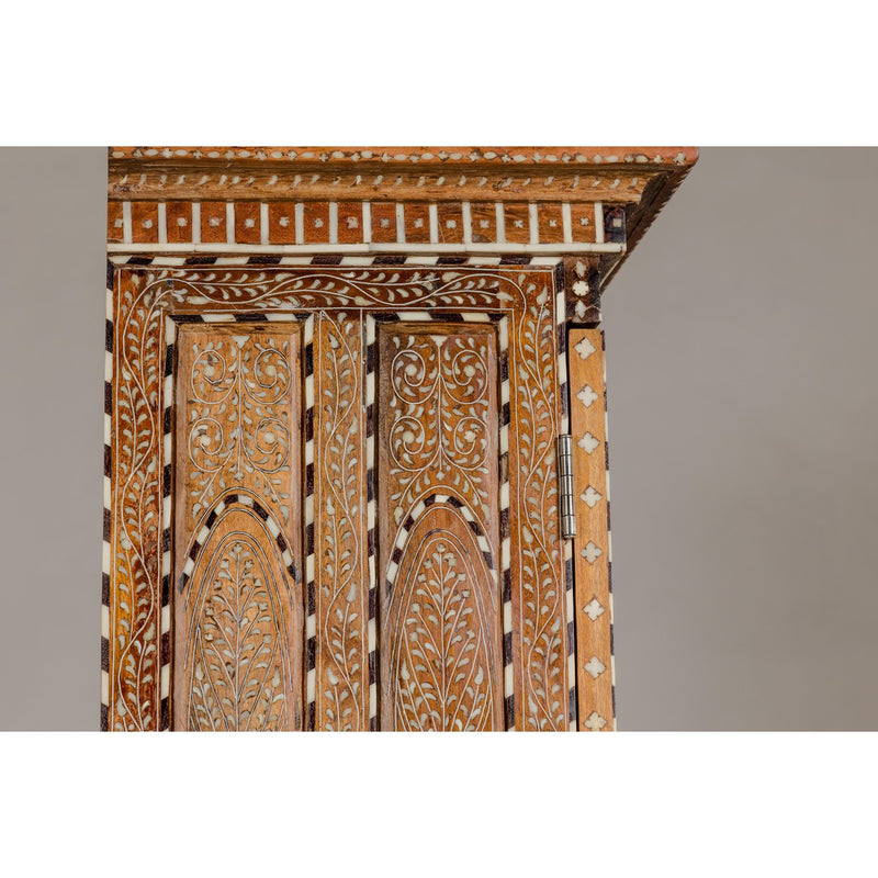 Anglo-Indian Style Mango Wood Tall Armoire with Floral Themed Bone Inlay-YN8037-15. Asian & Chinese Furniture, Art, Antiques, Vintage Home Décor for sale at FEA Home