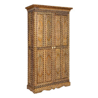 Anglo-Indian Style Mango Wood Tall Armoire with Floral Themed Bone Inlay