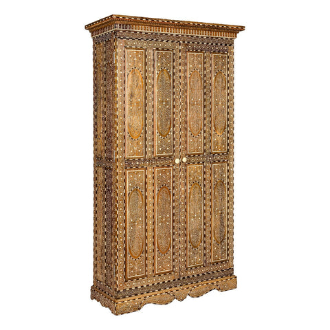 Anglo-Indian Style Mango Wood Tall Armoire with Floral Themed Bone Inlay-YN8037-19. Asian & Chinese Furniture, Art, Antiques, Vintage Home Décor for sale at FEA Home