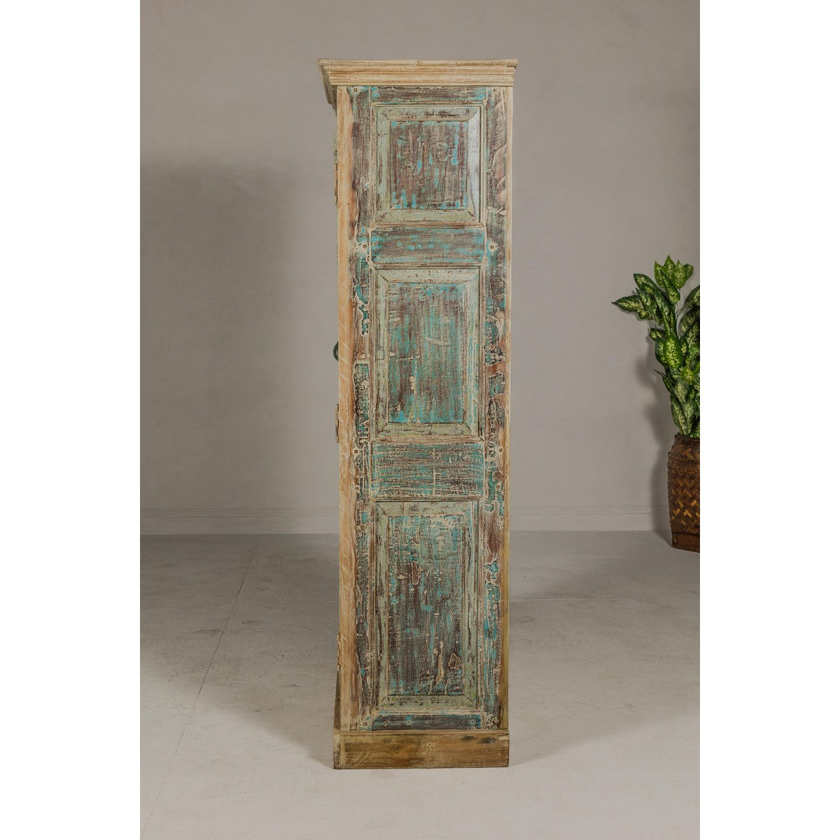 Reclaimed Wood Almirah Armoire with Weathered Green Patina and Three Shelves-20. Asian & Chinese Furniture, Art, Antiques, Vintage Home Décor for sale at FEA Home