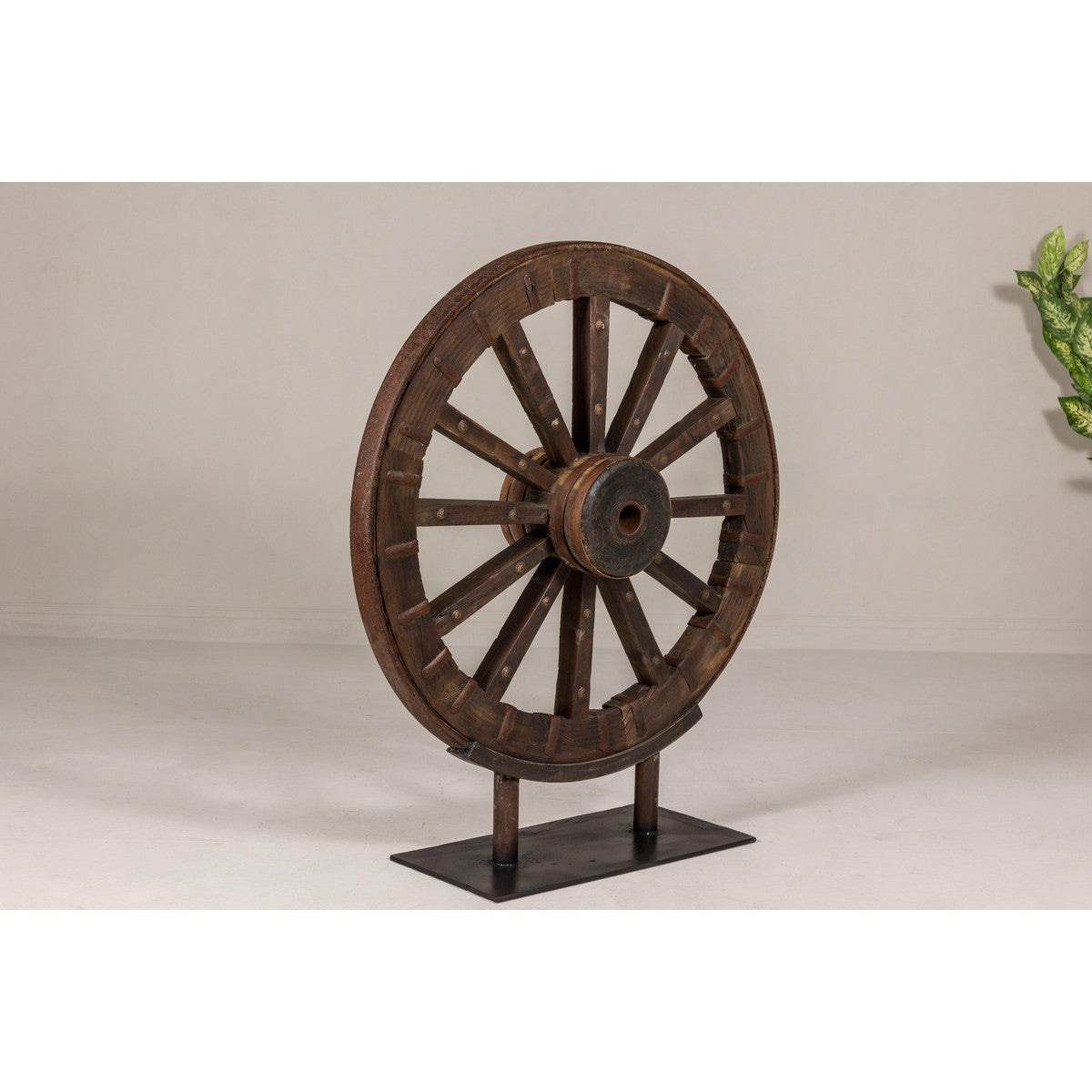 Large Wood and Metal Cart Wheel on Custom Base-2. Asian & Chinese Furniture, Art, Antiques, Vintage Home Décor for sale at FEA Home