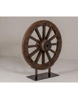 Antique Mounted Wood and Metal Wheel Welded to a Custom Metal Base-10. Asian & Chinese Furniture, Art, Antiques, Vintage Home Décor for sale at FEA Home